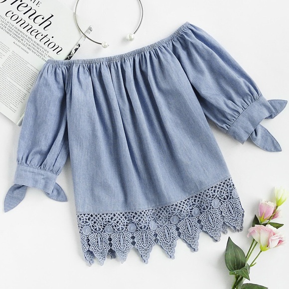 Tops - Crochet Trim Tie Cuff Chambray Bardot Top